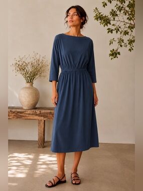 Black Crane Navy Cotton Midi Dress – Size Large | Minimalist Elastic Waist